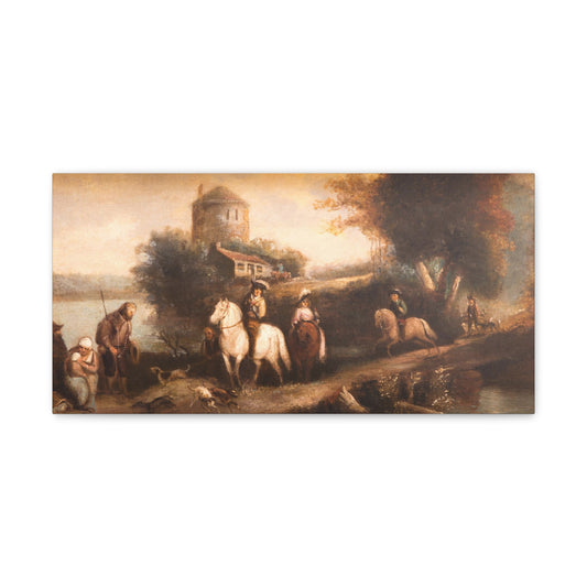 Hunting Party Of Nobles Set On Italian Landscape Oil Painting - Fine Art Print On Canvas