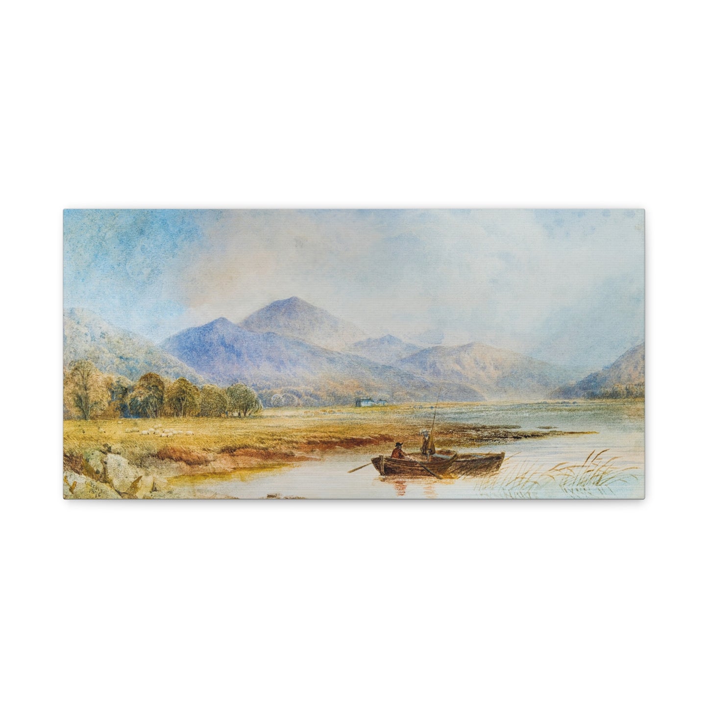 Figures Fishing On A Lake Watercolour Print